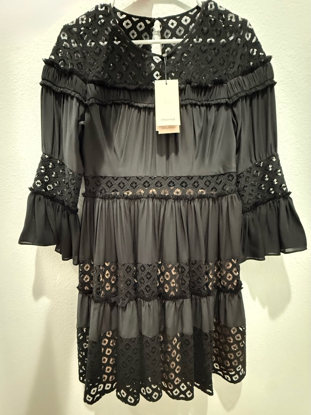 NWT! Cinq a Sept Octavia Smocked Black Mini Dress Eyelet in Size: 6